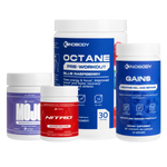 Four fitness supplement containers featuring pre-workout and creatine products.