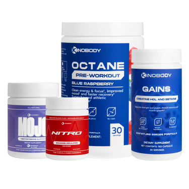 Four fitness supplement containers featuring pre-workout and creatine products.