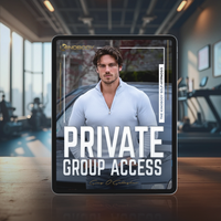 A digital tablet displaying a promotional image for private group access, featuring a man in a white sweater.