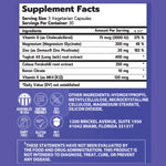 Supplement facts for a vegetarian capsule product, detailing serving size, ingredients, and nutritional information.