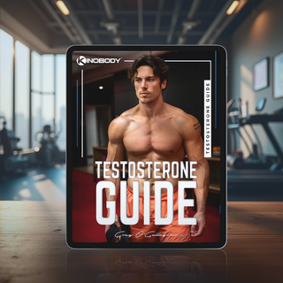 A fitness guide on testosterone displayed on a tablet, featuring a muscular man in a gym setting.