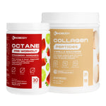 Two containers of dietary supplements: one labelled 'Octane Pre-Workout Strawberry Margarita' and the other 'Collagen Peptides Vanilla Macaron'.